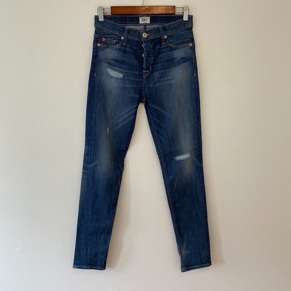 Hudson Leigh Boyfriend Jeans Size 26 Dark Wash Button Fly Distressed - Picture 1 of 8